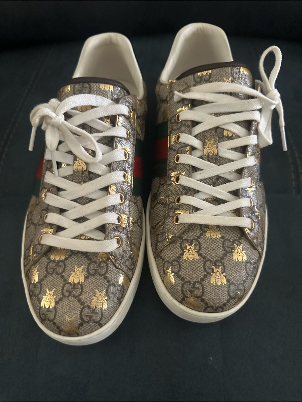 Gucci GG Supreme Bee Canvas Sneaker in Gold, Brown & White with Red/Green Stripe